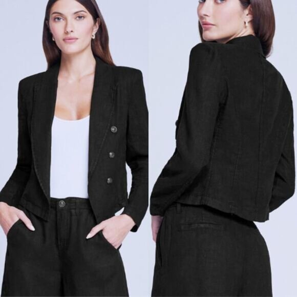 NEW L'agence Wayne Crop Double Breasted Linen Jacket Black Size: Medium - Picture 7 of 7